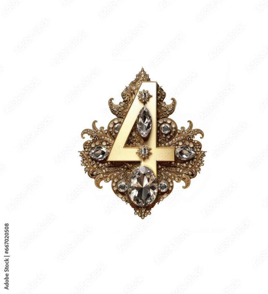 Wall mural the number four with diamond decoration and gold color, for new year's greetings. isolated on white 