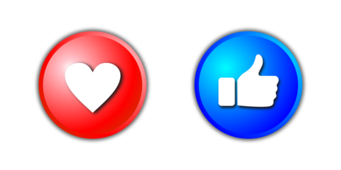 The like button is blue and the love button is red with a transparent background
