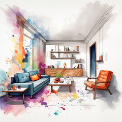watercolor painting of minimalist interior design room