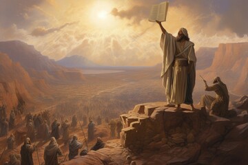 Moses on Mount Sinai receiving the tablets biblical story - obrazy, fototapety, plakaty