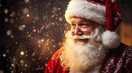 Authentic old Santa Claus at christmas with long white gray beard and red hat, snowflakes flying in xmas winter