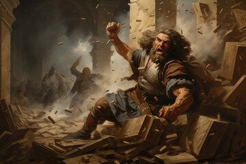 Samson destroying the Philistine temple - biblical story - obrazy, fototapety, plakaty