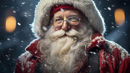 Authentic old Santa Claus at christmas with long white gray beard and red hat, snowflakes flying in xmas winter | Generative AI