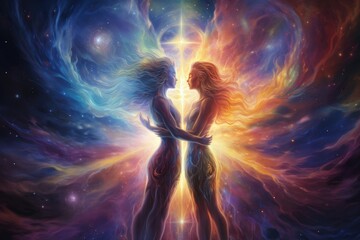 Seraphic beings embracing in the midst of a celestial aurora. - obrazy, fototapety, plakaty