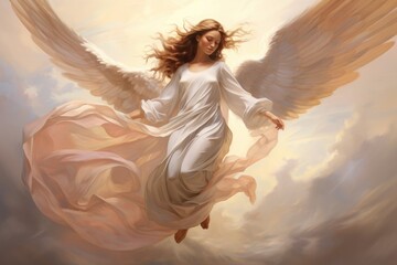 Serene angelic figure with wings extended in flight - biblical story