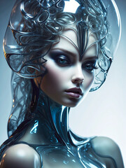 Futuristic portrait of a beautiful woman in an artful dress made of glass: A touch of silver
