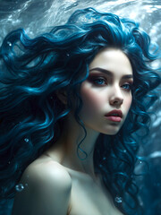 Sensual portrait of a beautiful woman: Siren with blue hair