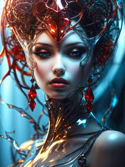 Futuristic portrait of a beautiful woman in an artful dress made of glass: A touch of red