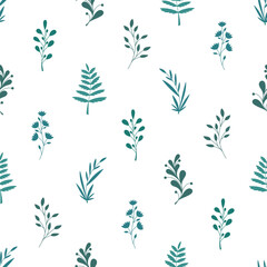 Hand drawn vector seamless pattern with floral elements. Vector pattern with leaves, twigs, branches, berries, grass