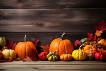 Pumpkin and decoration with autumn leaves on wooden desk. Autumn thanksgiving concept