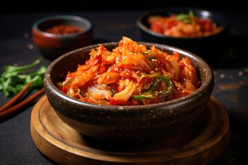 Kimchi cabbage in a bowl for eating on wooden background, Korean food