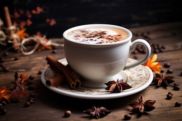 Spiced tea with milk on the rustic wooden table.