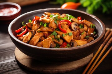 Fried chicken with pepper, mushrooms and chives in bowl. Asian cuisine food