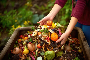 Person composting food waste in backyard compost bin garden