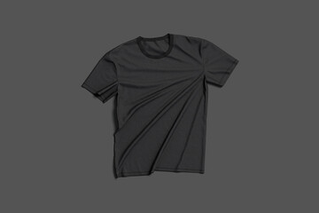 Blank black tightened t-shirt mockup flat lay, dark background