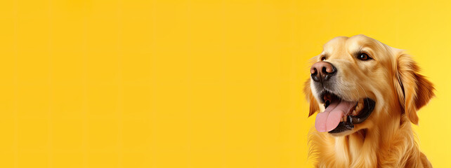 A photo portrait of a golden retriever on yellow background, used for advertisement