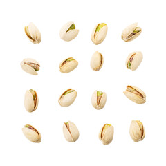 Salted Pistachios for Beer, Macro, Spin. Isolated Background of a Beer Snack of Salted Pistachio Nuts. Healthy Delicious Pistachios. Salted roasted pistachio macro	