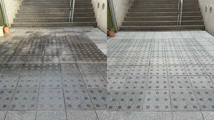 Before and after, cleaning on an old external natural granite floor
