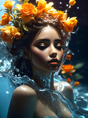 Artful portrait of a beautiful woman: Water and flowers