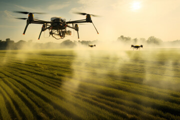 Drone flies over a green field and sprays crops. Modern technologies in agriculture. - obrazy, fototapety, plakaty