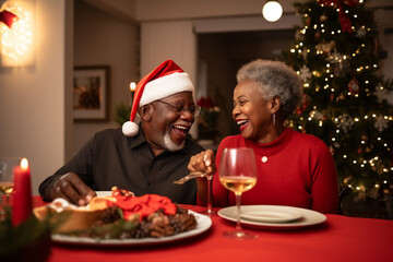 Elderly senior couple celebrating Christams Eve by eating together at home. Generative AI