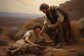 The Good Samaritan helping the injured man biblical story - obrazy, fototapety, plakaty