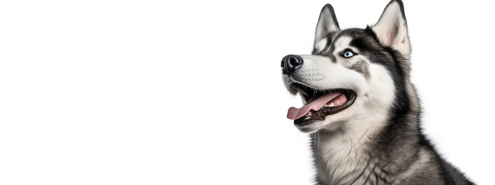 A photo portrait of a husky on white background, used for advertisement