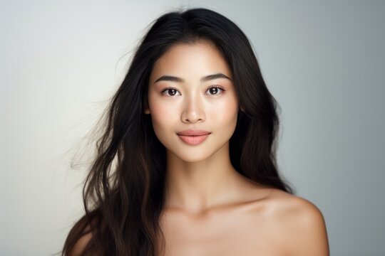 Picture of an elegant Asian woman displaying her pristine skin on a clean white backdrop. Generative AI