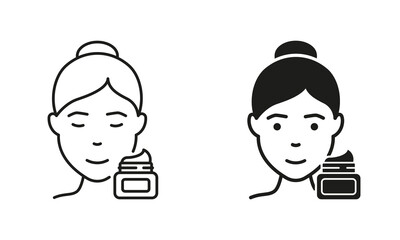 Moisturizing Cream for Skin Line and Silhouette Black Icon Set. Woman Use Daily or Night Cream, Gel, Foam, Mousse or Soap Pictogram. Use Sunscreen Symbol Collection. Isolated Vector Illustration