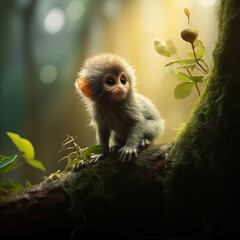 little baby monkey in the jungle at dawn - obrazy, fototapety, plakaty