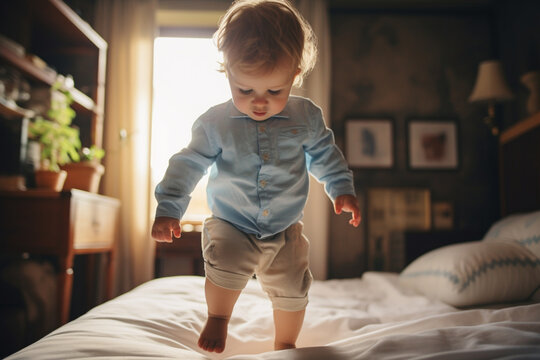 shot of a baby learning to walk on the bed at home