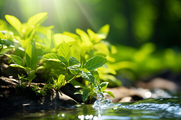 Green plants growing in a stream in the forest. Shallow depth of field - obrazy, fototapety, plakaty