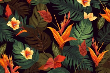 Seamless tropical pattern with vibrant plants and leaves on a brown background. Generative AI