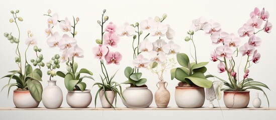 Hand painted watercolor orchids and pots on a white background Floral illustration for design purposes