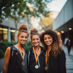 3 women medal winners standing in front of a contemporary building - 3 mujeres medallistas, de pie enfrente de un edificio contemporáneo - obrazy, fototapety, plakaty
