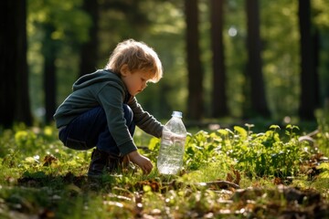 Image of a child collecting plastic bottles in a park for an eco-friendly project. Generative AI