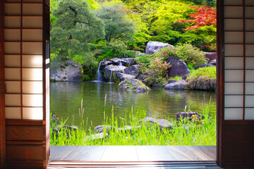 View from the door of an ancient Japanese house You can see the Japanese garden in autumn