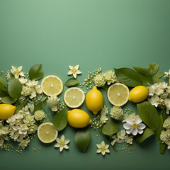 Composición o arreglo, limones vistos desde arriba, fondo o tarjeta, amarillos, verdes, blancos,...