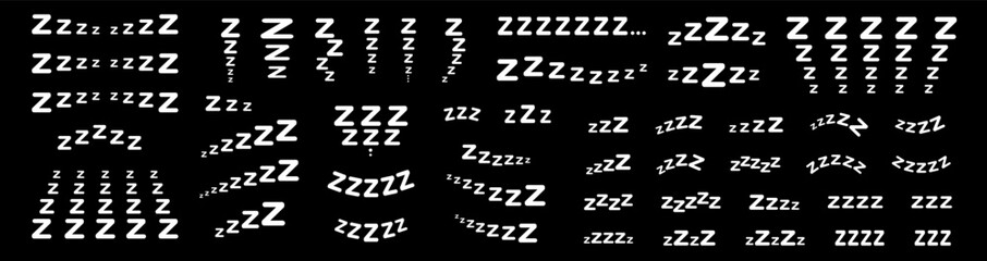 Large set of doodle lettering zzz's. Illustration of sniffing, sleeping, snoring. Vector illustration drawn by hand. White letters on a black background. - obrazy, fototapety, plakaty