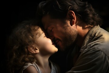 Image of a child's innocent love, captured as she kisses her father's cheek. Generative AI