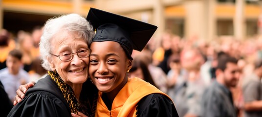 Fototapeta premium young student woman hugging her grandmother after graduation, copy space for text. family and education concept