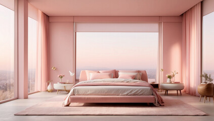 Bedroom interior, minimalist furniture, modern design, large panoramic windows, light pink colors.