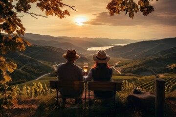Image of a couple admiring the lush vineyard land. Generative AI - Powered by Adobe