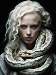 Mysterious and intriguing woman with an albino snake coiled around her neck.