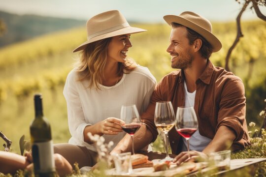 Image of a couple enjoying a picnic with wine. Generative AI