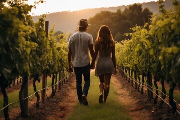 Image of a couple strolling through the vineyard. Generative AI - obrazy, fototapety, plakaty
