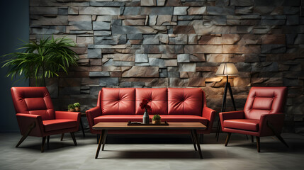 Red sofa and armchair against of stone