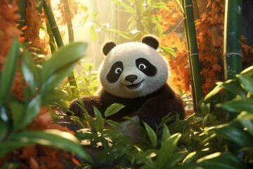 Panda is in the bamboo forest. Cartoon style