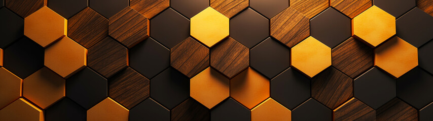 Modern minimal business banner with hexagon pattern. Gold and wooden background. Generative AI

