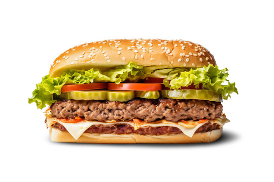 Hamburger or cheeseburger isolated on white background. Fast food. Fast food concept. Close-up. Advertising.